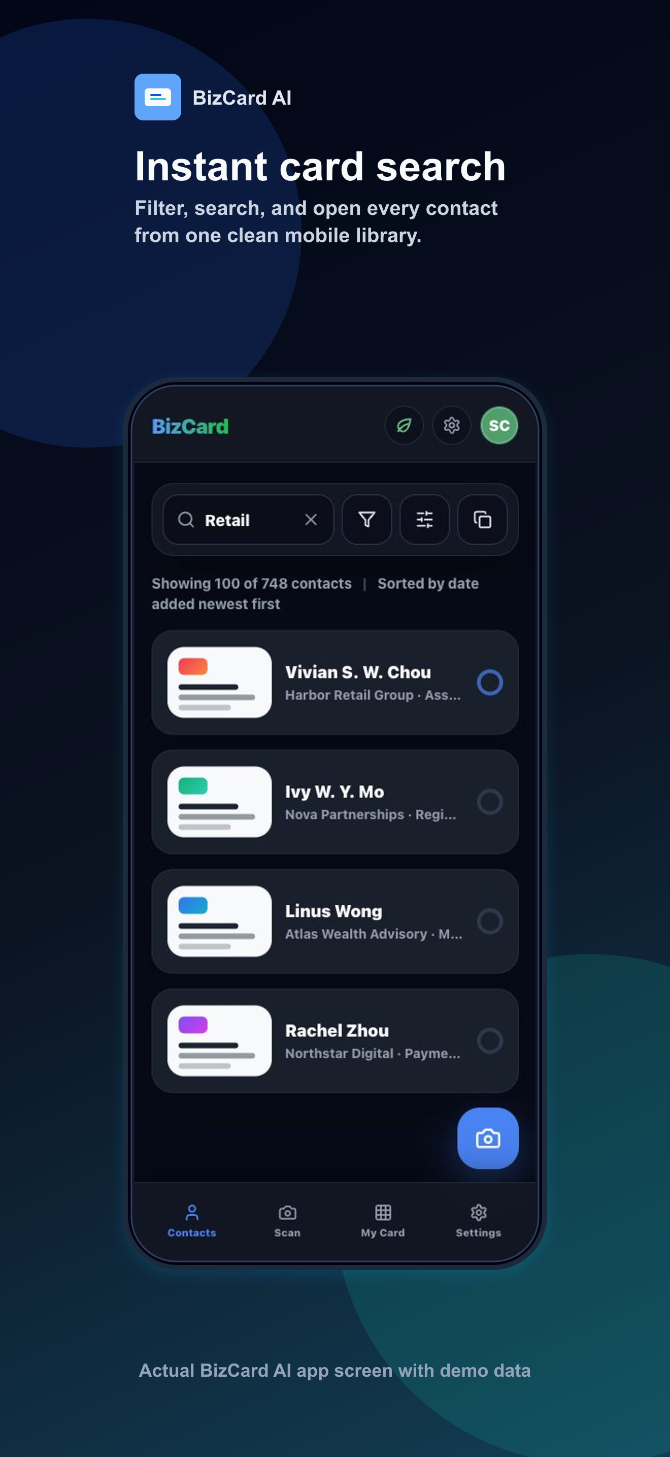 BizCard App Store contacts screen